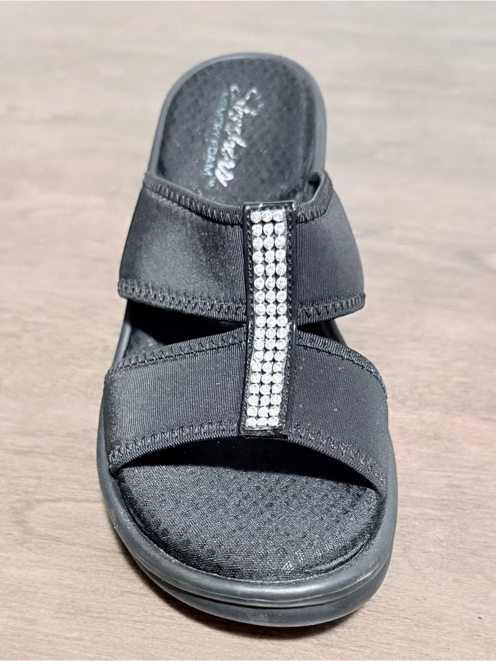 Skechers Slide Sandal with Rhinestone Center Strap - Memory Foam & Arch Support
